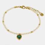 Bracciale in Acciaio con giro di perle e cuore verde