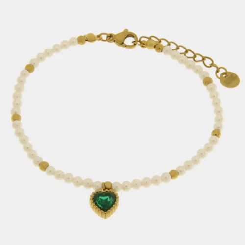 Bracciale in Acciaio con giro di perle e cuore verde