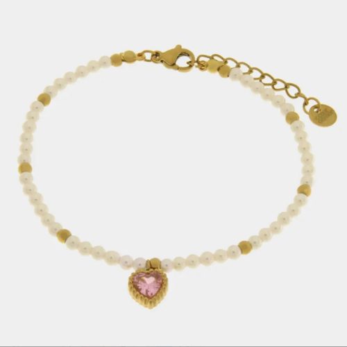 Bracciale in Acciaio con giro di perle e cuore rosa